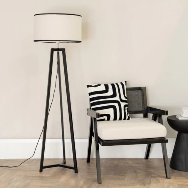 ValueLights ValueLights Lottie Black Wood Tripod Floor Lamp with Linen Black Trim Drum Lamp Shade Black One Size Unisex 5059406056574