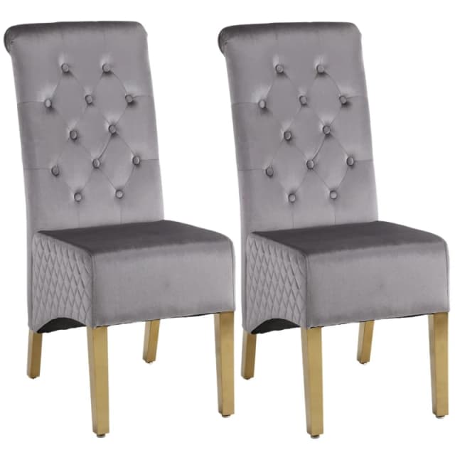 Modernique Modernique A Pair (x2) Velvet High Back Dining Chairs with Golden Chrome Knocker & Legs in Grey Grey One Size Unisex 5061017320357