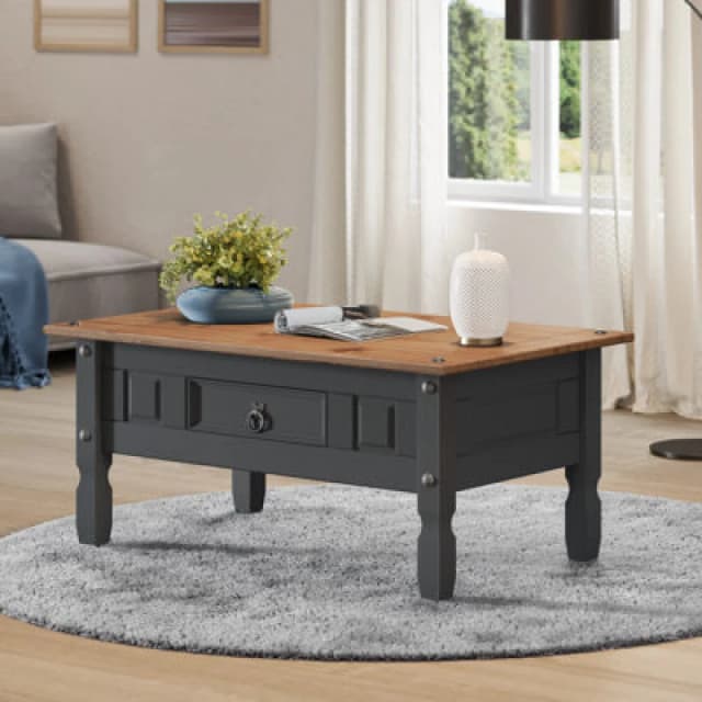 Mercers Furniture Corona Charcoal 1 Drawer Coffee Table Solid Pine With Mexican Styling, Grey CHARC22