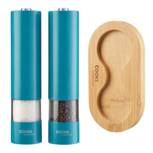 Cooks Professional Electric Salt And Pepper Mill Set With Bamboo Stand - Automatic Seasoning Condiment Grinders - Teal