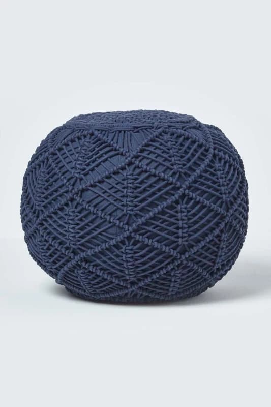 Homescapes Macrame Knitted Pouffe 35 x 40cm in Navy Navy Unisex 35 x 40 cm