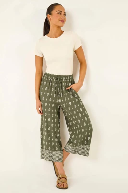 Roman Womens Petite Aztec Border Cropped Trouser in Khaki Size: 18 Khaki Female 18