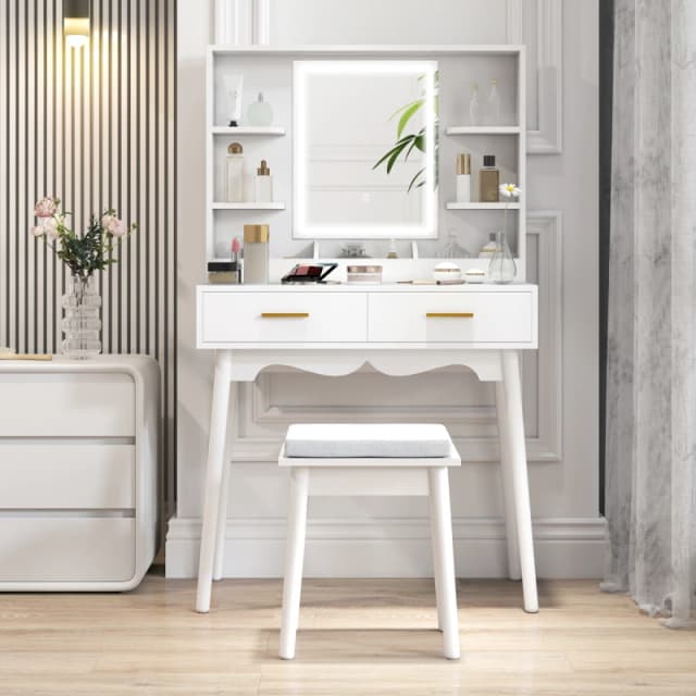 HOMCOM HOMCOM Dressing Table with LED Lighted Mirror and Cushioned Stool White White One Size Unisex 5063603766525