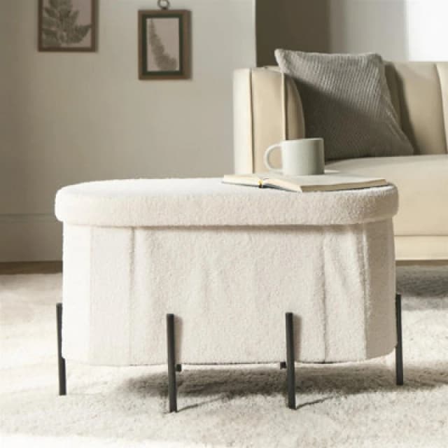 OHS OHS Boucle Large Oval Ottoman Storage Box Footstool Bench with Legs in Cream Cream One Size Unisex 5027434229581