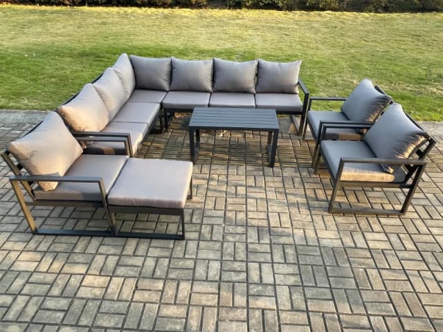 Fimous Aluminium Garden Furniture Set Outdoor Indoor Lounge Corner Sofa 3 Pcs Chair Oblong Coffee Table Sets with Big Footstool Dark Grey Dark Grey Un