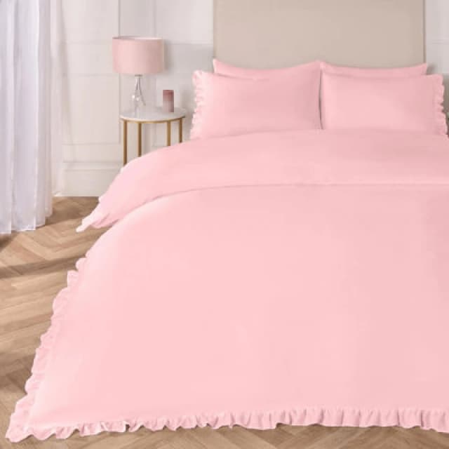 OHS OHS Frill Edge Decor Duvet Cover with Pillowcase Bedding Set in Pink Size: Single Pink Single Unisex 5027434204618
