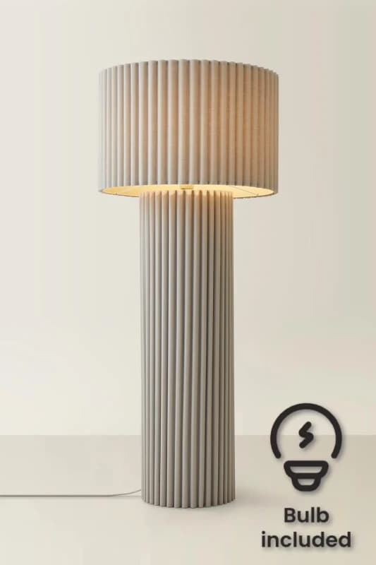 ValueLights ValueLights Lenny Drum Shade Colour Drench Ribbed Fabric Midi Floor Lamp with Bulb in Stone Stone One Size Unisex 5059406066511