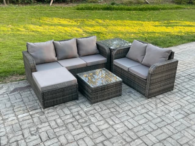 Fimous PE Rattan Garden Furniture Sets 6 Seater Outdoor Lounge Sofa Set Square Coffee Table Big Footstool Side Table Dark Grey