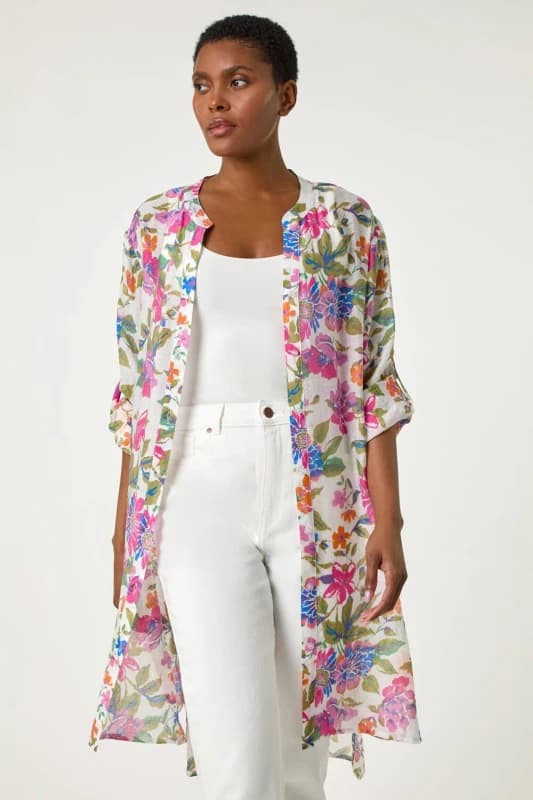 Roman Floral Print Longline Blouse Pink