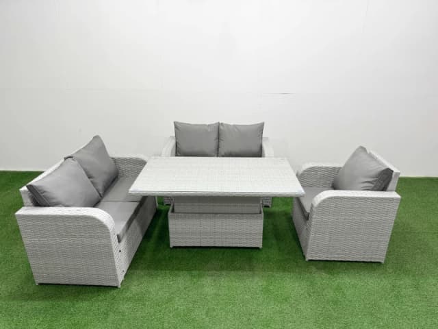 Fimous High Back Poly Rattan Garden Furniture Set with Reclining Chair Loveseat Sofa Adjustable Lifting Dining or Coffee Table Indoor Outdoor Patio S