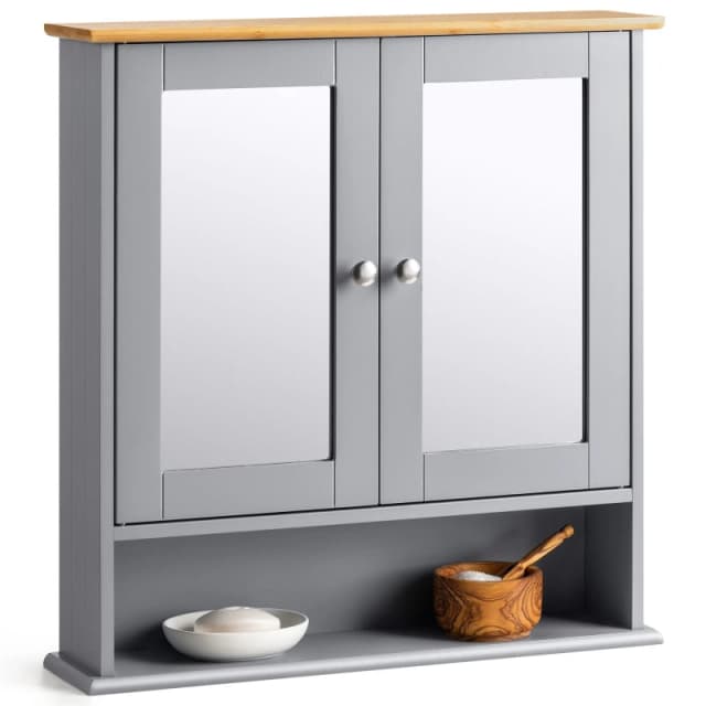 Christow Bathroom Mirrored Cabinet White Grey Wooden Double Wall Mounted Storage Unit Grey
