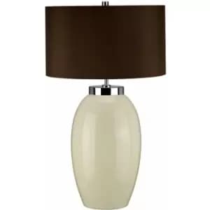 Table Lamp Large Ceramic Cream Glaze Brown Faux Silk Empire Shade LED E27 60W