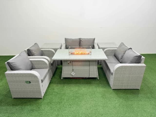 Fimous 6 Seater Outdoor Reclining Chair Love Sofa Set Rattan Garden Furniture Set with Firepit Dining Table 2 Side Tables Light Grey Light Grey