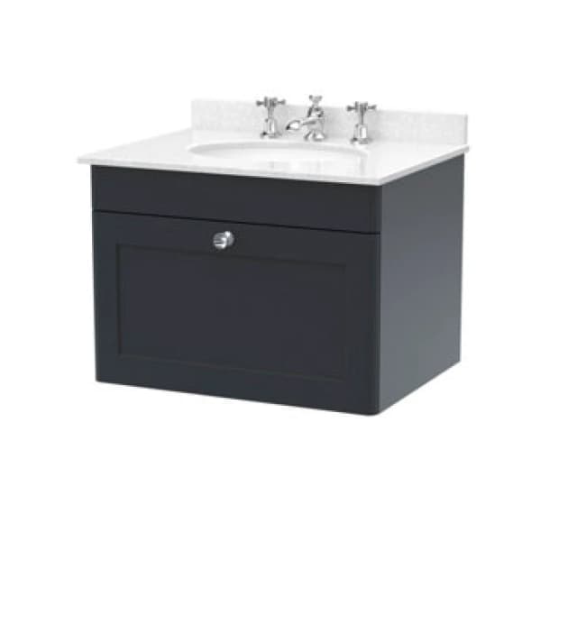 Nuie Classique Wall Hung 1 Drawer Unit & 3 Tap Hole White Marble Top With Oval Basin, Sink Vanity Unit In Soft Black With White