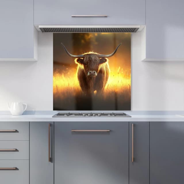 Warren Reed - Designer Highland Cow Sunset Kitchen Splashback in Orange Size: 600mm x 600mm Orange Unisex 600mm x 600mm