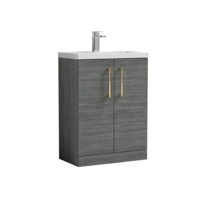 Balterley Bathroom Vanity Basin Unit, Brushed Brass Handles, 600mm, Wood Grey Grey Unisex