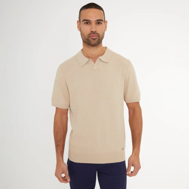 Threadbare Textured Front Short Sleeve Trophy Neck Knitted Polo Beige