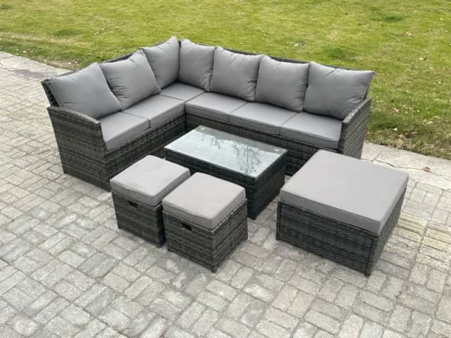 Fimous 9 Seater Rattan Lounge Corner Sofa Set Wicker PE Outdoor Garden Furniture Set with Coffee Table 3 Footstools Dark Grey
