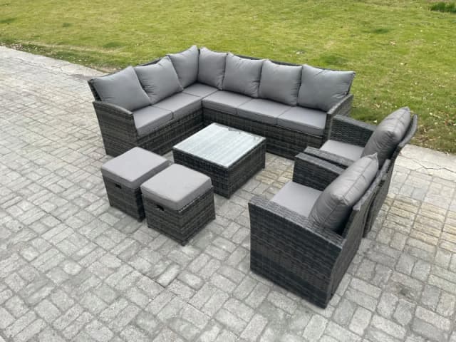 Fimous 10 Seater Outdoor Garden Furniture Set Wicker PE Rattan Corner Sofa Set with Square Coffee Table 2 Small Footstools 2 Armchairs in Dark Grey Da