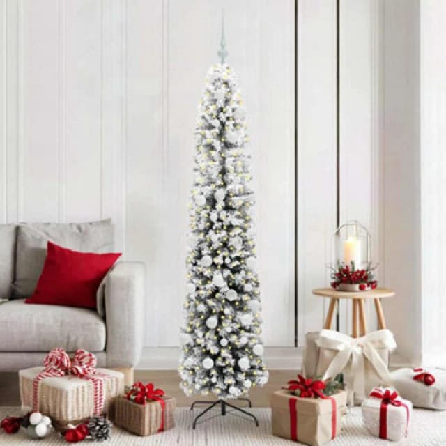 vidaXL Artificial Christmas Tree with 300 LEDs, White Balls with Stand Snow Flocked Green 180 x 48 cm, Green 3395021