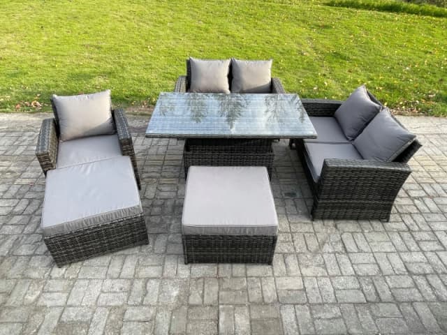 Fimous 7 Seater Wicker Rattan Garden Furniture Rising Table Set with 2 Big Footstool Double Seat Sofa Armchairs Dark Grey Mixed Dark Grey Unisex
