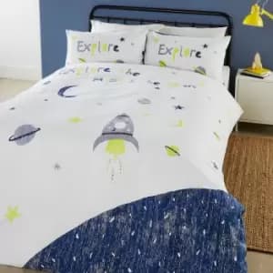 Kids Explore Glow in the Dark 100% Cotton Reversible Duvet Cover Set, Blue, Double - Appletree