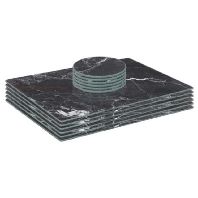Harbour Housewares 12Pc Glass Placemats & Round Coasters Set - 30 X 20Cm Black Marble Dining Table Protection Place Mats Coasters