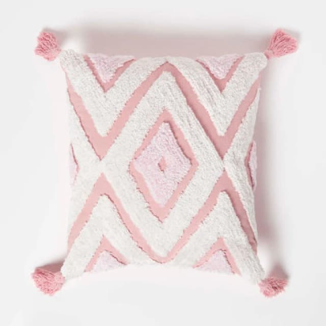 Homescapes Geometric Ikat White & Pink Tufted Cotton Cushion With Tassels 45 X 45 Cm
