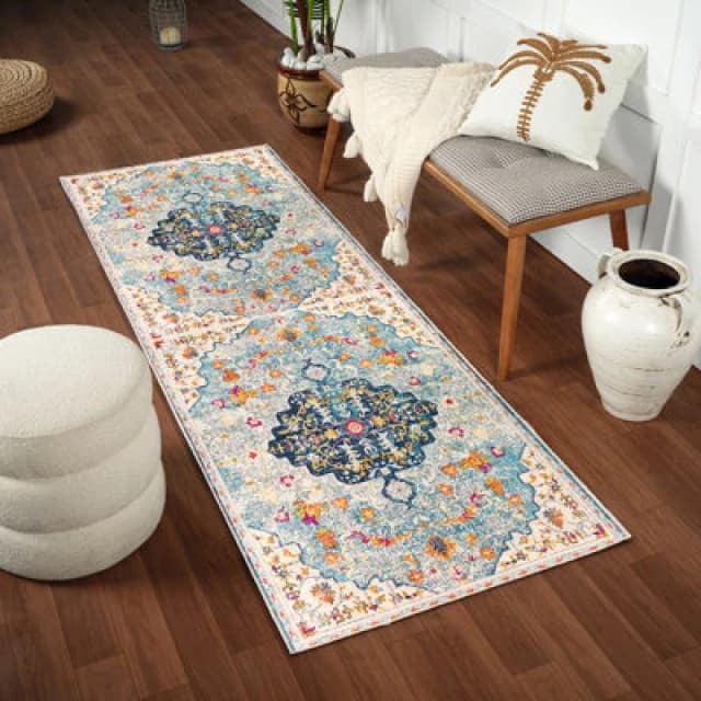 Livabliss Vintage Oriental Boho Sky Blue/saffron Chinu Runner Rug 80 X 220 Cm - Easy Care, Non Shedding, Ideal For Hallway Or Beside The Bed