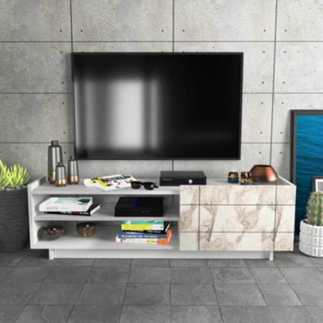 Decorotika Valantina TV Stand TV Unit For Tvs Up To 63" White Marble Effect & White