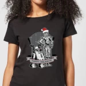 Star Wars Happy Holidays Droids Womens Christmas T-Shirt - Black