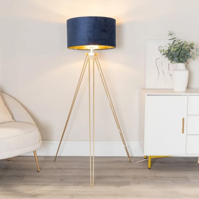ValueLights ValueLights Aero Hairpin Gold Tripod Floor Lamp with Velvet and Gold Drum Lamp Shade in Dark Navy Dark Navy One Size Unisex 5059406060892