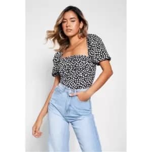 I Saw It First Square Print Puff Sleeve Bodsyuit - Black