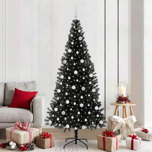 vidaXL Christmas Tree with 300 LEDs, White Balls with Stand Black 210cm PVC, Black 3396490