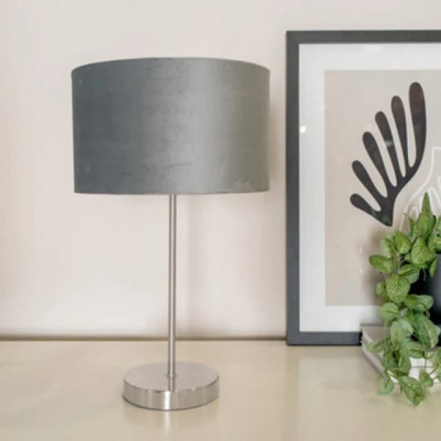 ValueLights ValueLights Charlie Chrome Stem Table Lamp with Grey Velvet with Chrome Inner Shade & Bulb Grey One Size Unisex 5059406060632