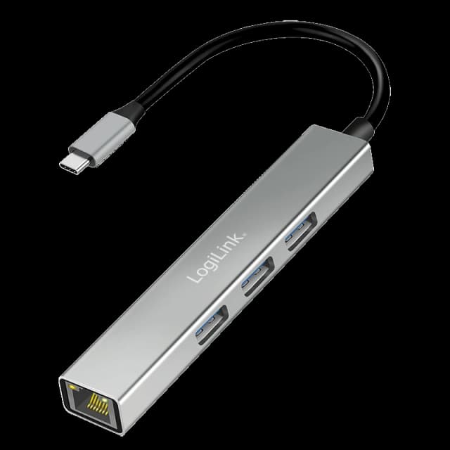 LogiLink USB 3.2 Gen1 Hub. 3-port. USB-C. with Gigabit Ethernet. alumi