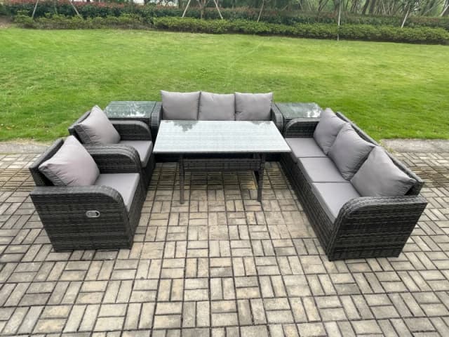 Fimous Outdoor Garden Patio Furniture Wicker Rattan Oblong Rectangular Dining Table & Lounge Sofa set with 2 Side Table Dark Grey Mixed Dark Grey Unis