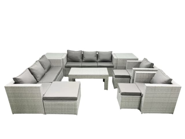 Fimous Outdoor Garden Furniture Rattan Sofa Set with 2 Armchairs Oblong Coffee Table 3 Footstools 2 Side Tables Light Grey Mixed Light Grey