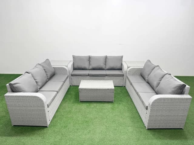 Fimous PE Rattan Lounge Sofa Set 9 Seater Outdoor Garden Furniture Set with Rectangular Coffee Table 3 Seater Sofa 2 Side Table Light Grey Light Grey