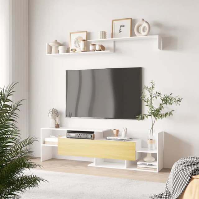 HOMCOM HOMCOM TV Cabinet Unit w/ Wall-Mounted Shelf, Open Shelves White and Natural White One Size Unisex 5063603032255