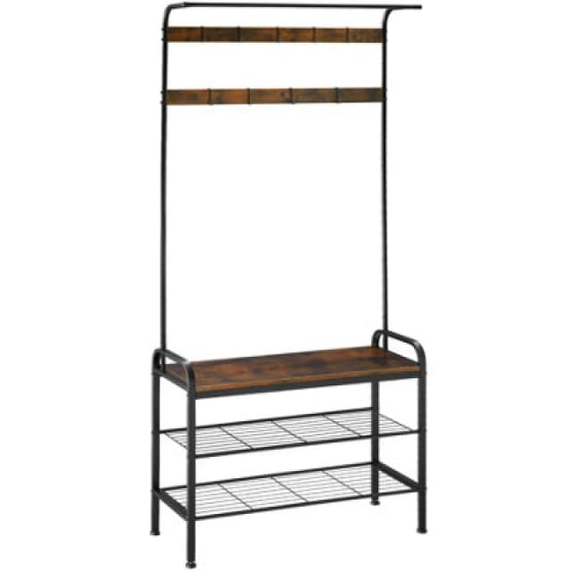 Tectake Coat Stand - Shoe Rack, Seat, 2 Shelves And 9 Coat Hooks 85.5X36X184Cm - Industrial Wood Dark, Rustic