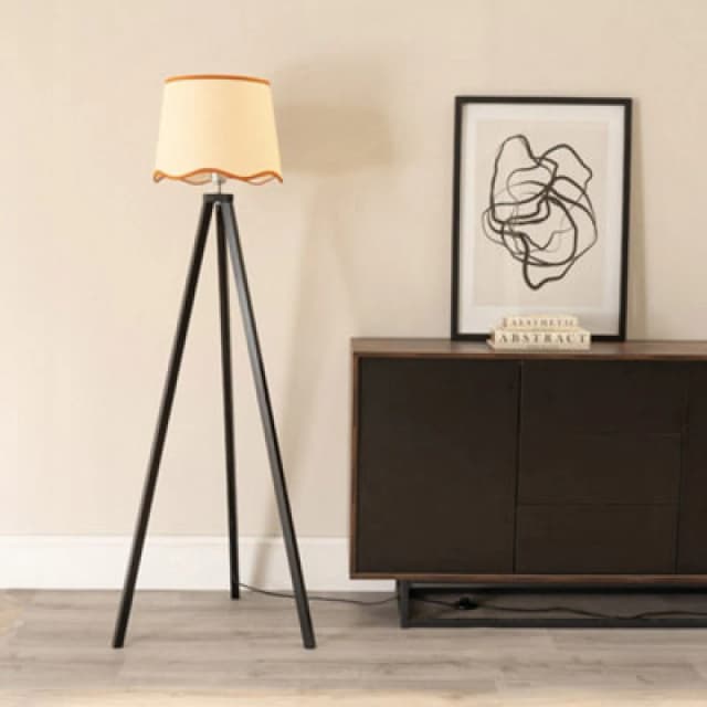 ValueLights Barbro Black Wood Tripod Floor Lamp with Natural Linen Scallop Edge Shade Burnt Orange