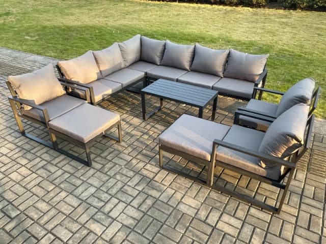 Fimous Aluminum 11 Seater Outdoor Lounge Corner Sofa Set Garden Furniture Sets with Oblong Coffee Table 3 Chairs 2 Big Footstools Dark Grey Dark Grey
