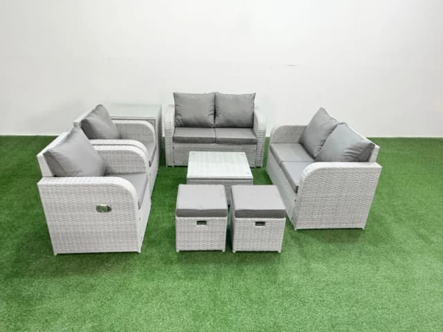 Fimous 8 Seater Outdoor Reclining Chair Love Sofa Set Rattan Garden Furniture Set with Square Coffee Table 2 Stools Side Table Light Grey Light Grey