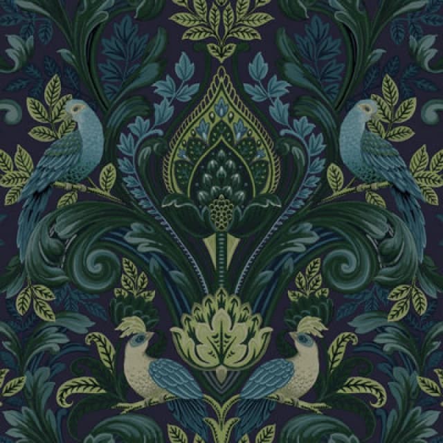 Grandeco Peacock And Leaf Scrolls Opulent Damask Textured Wallpaper, Green Blue A67802