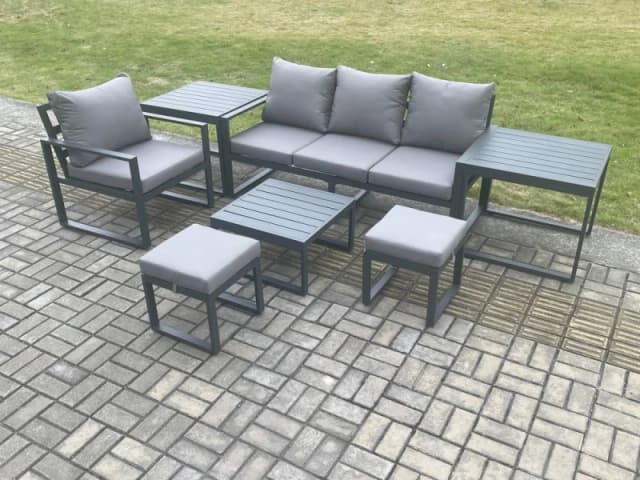 Fimous Aluminium Outdoor Garden Furniture Set Patio Lounge Sofa Chair Set with Coffee Table 2 Side Tables 2 Small Footstools Conservatory Set Dark Gre