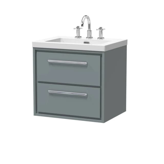 Balterley Modern Bathroom 2 Soft Close Drawer Wall Hung Vanity Unit Fireclay Basin, Coastal Grey, 600mm
