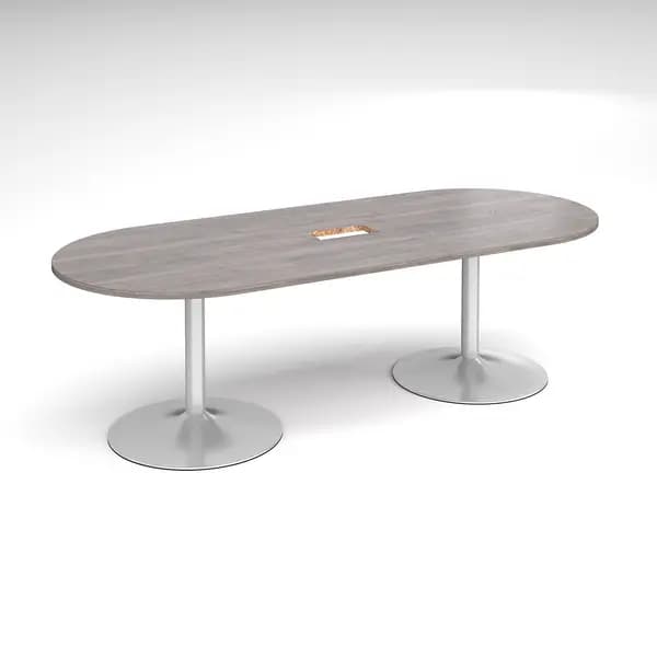 Trumpet Base D - End Office Boardroom Table with Power Module Cut Out - Grey Oak - Silver Base