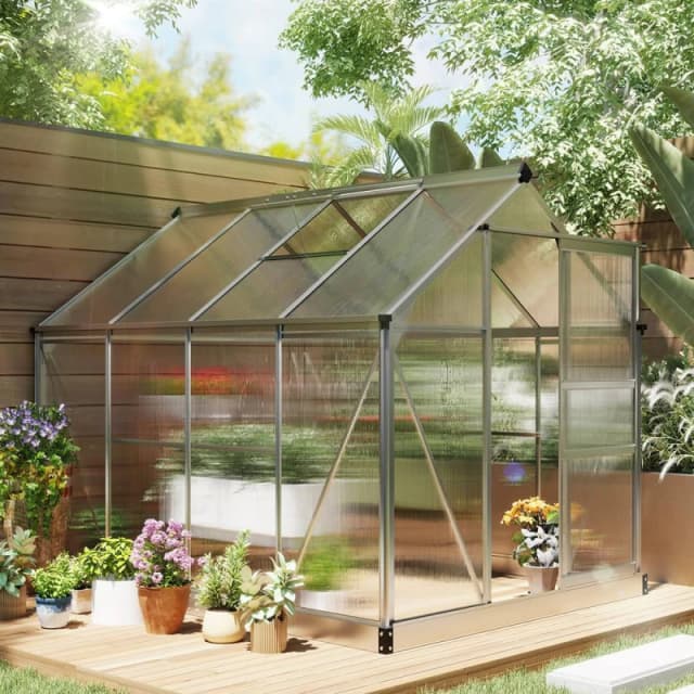 OUTSUNNY 6x8ft Walk-In Polycarbonate Greenhouse Plant Grow Galvanised Aluminium in Silver Silver Unisex 6x8ft