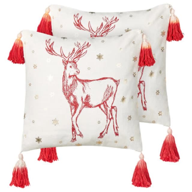 Beliani Set Of 2 Decorative Cushions Vallota Cotton 45 X 45cm White Christmas Motif
